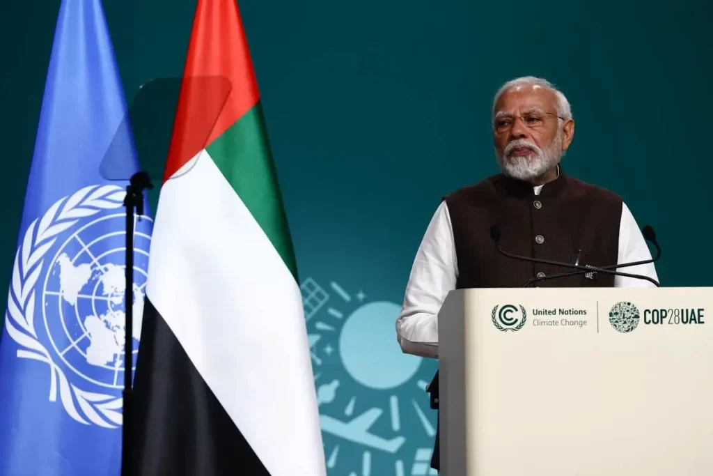 Indian Prime Minister Narendra Modi speaks during the 28th Conference of the Parties (COP28) to the UN Framework Convention on Climate Change (UNFCCC) at the Expo City Dubai in Dubai, United Arab Emirates on December 01, 2023 [Jakub Porzycki – Anadolu Agency]